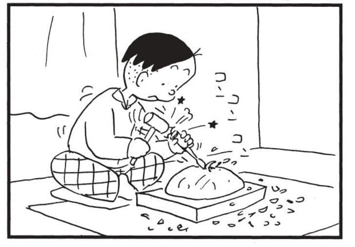 【無料漫画】かりあげクン(1528回)毎日配信!「面」「食事」一生懸命彫ってできた力作/植田まさしの画像