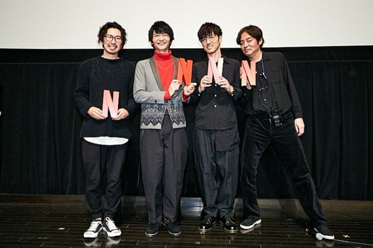 左から）井手恵介監督、島崎信長、櫻井孝宏、岩浪美和音響監督