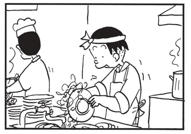 【無料漫画】かりあげクン(1479回)毎日配信!「無銭飲食」「報告書」お代のかわりに皿洗いしたら意外な結果に?/植田まさしの画像