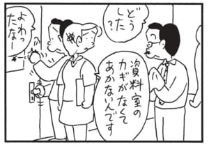 どうした？　資料室のカギがなくてあかないんです　よわったなー