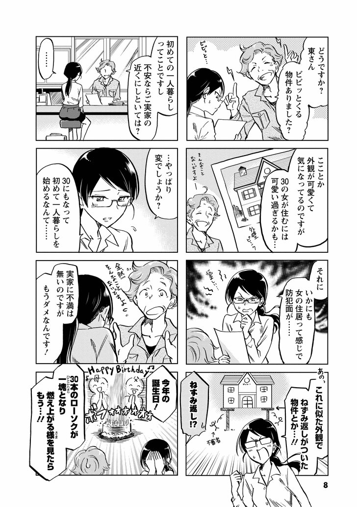 どうですか?東さんビビッとくる物件ありました? こことか外観が可愛くて気になってるのですが30の女が住むには可愛い過ぎるかも… それにいかにも女の住居って感じで防犯面が… あのっこれに似た外観でねずみ返しがついた物件とか…!! ねずみ返し!? 初めての一人暮らしってことですし不安ならご実家の近くにしといては? …… …やっぱり変でしょうか? 30にもなって初めて一人暮らしを始めるなんて…… 実家に不満は無いのですがもうダメなんです! 今年の誕生ん日! 30本のローソクが一塊となり燃え上がる様をみたらもう…!!
