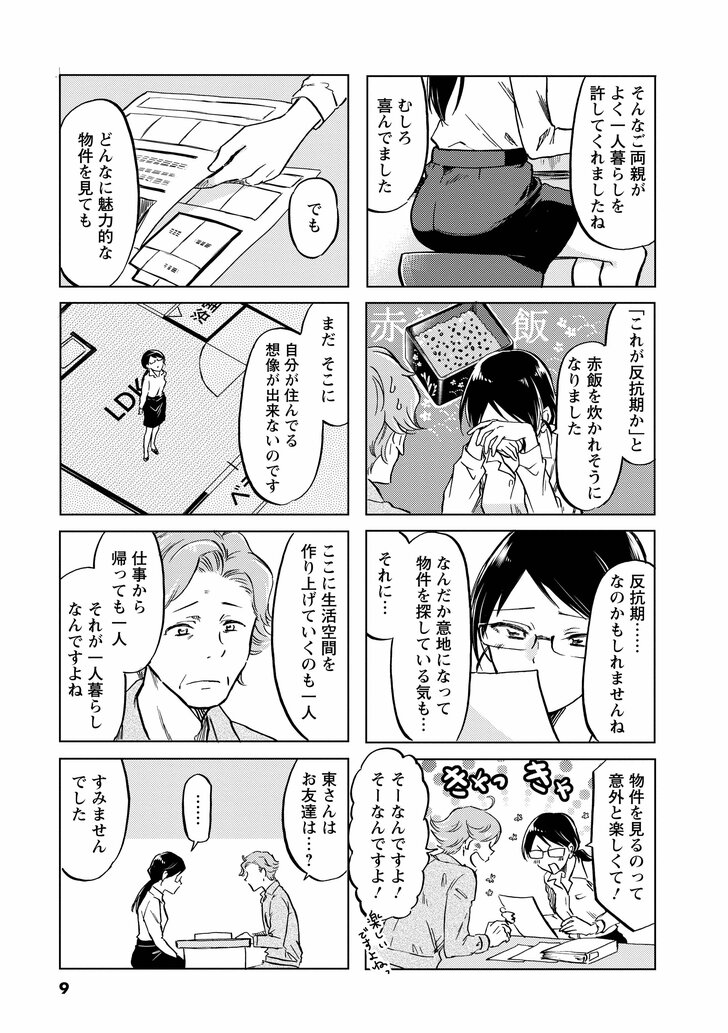 そんなご両親がよく一人暮らしを許してくれましたね むしろ喜んでました 「これが反抗期か」と赤飯を炊かれそうになりました 反抗期……なのかもしれませんね なんだか意地になって物件を探している気も…それに… 物件を見るのって楽しくて! そーなんですよ!そーなんですよ! でも どんなに魅力的な物件を見ても まだそこに自分が住んでる想像ができないのです ここに生活空間を作り上げていくのも一人 仕事から帰っても一人それが一人暮らしなんですよね 東さんはお友達は…? …… すみませんでした